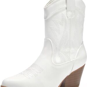 Women's White Western-Inspired Ankle Boot with Block Heel